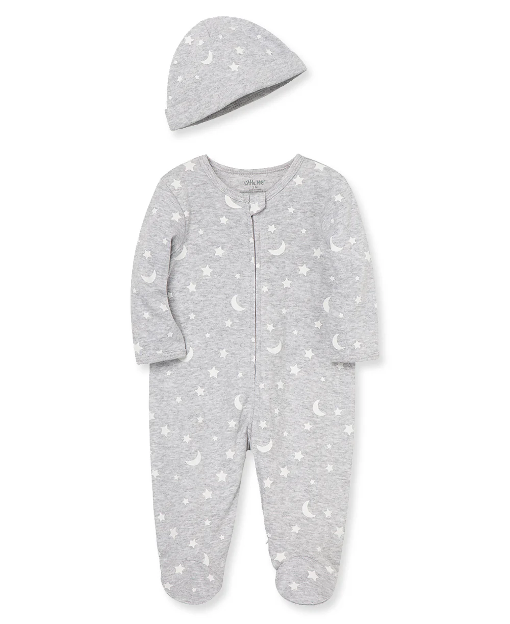 Moon & Stars 2-Way-Zip Footed One-Piece and Hat - Image 3