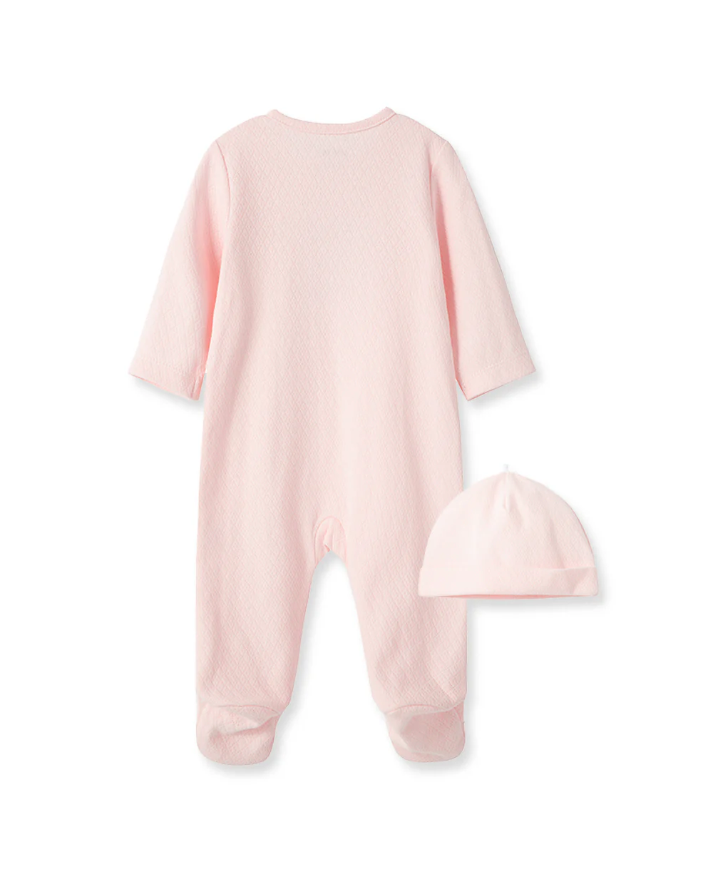New Pink Welcome To The World Zip Front Footed One-Piece And Hat - Image 3